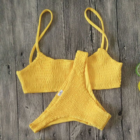 Maillot de bain jaune à volants, Crochet, Sexy, soutien-gorge Push-up, rembourré, Triangle, ensemble deux pièces, pour les femmes ► Photo 1/6