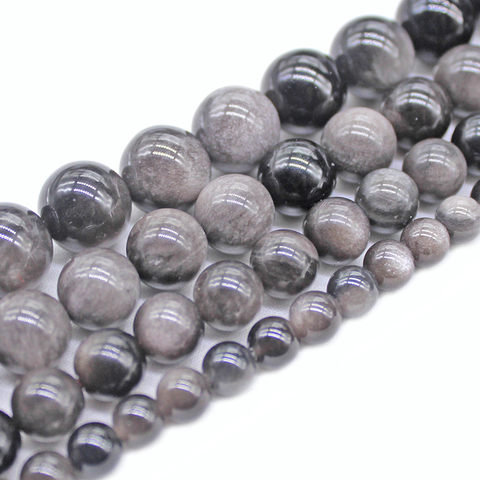 Fil de perles rondes en pierre d'obsidienne, couleur argent naturel, pour la fabrication de bijoux, perles amples d'espacement, 8, 10, 12mm, bricolage, Bracelet, collier, 15 pouces ► Photo 1/6