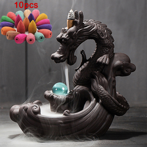 10 pièces encens + céramique Dragon Backflow brûleur d'encens créatif décor à la maison Dragon brûleur encensoir avec boule de cristal chanceux ► Photo 1/6