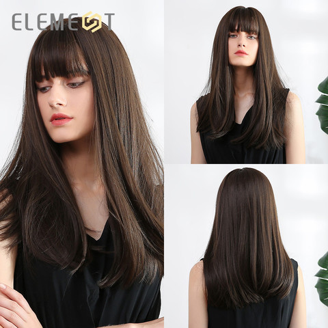 Element-perruque synthétique lisse et longue 18 pouces avec frange, coiffe naturelle de couleur marron foncé, résistante à la chaleur pour femmes blanches et noires ► Photo 1/6