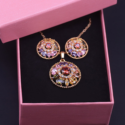 Beaucoup de Style bijoux en or Rose haut Zircon boucles d'oreilles collier avec pendentif petit ensemble de bijoux pour les femmes sortie d'usine ► Photo 1/6