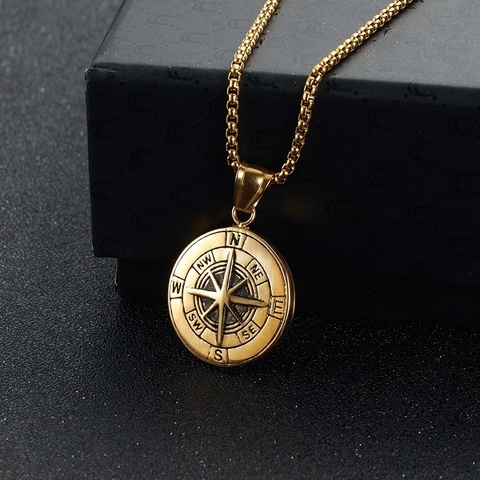 Collier chaîne boussole antique pour hommes et femmes, pendentif rond avec lettres étoiles ► Photo 1/6