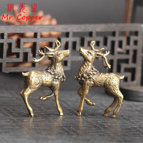 Figurines de cerf Sika en cuivre Vintage, 1 paire, Sculpture artisanale porte-bonheur Feng Shui en laiton massif, décoration pour la maison et le bureau ► Photo 1/6