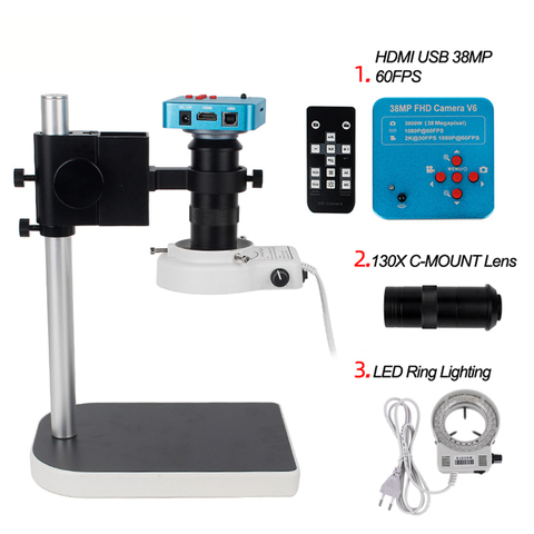 Microscope numérique industriel 38mp, pour l'électronique, caméra vidéo numérique 130X C, objectif LED, compatible HDMI ► Photo 1/6