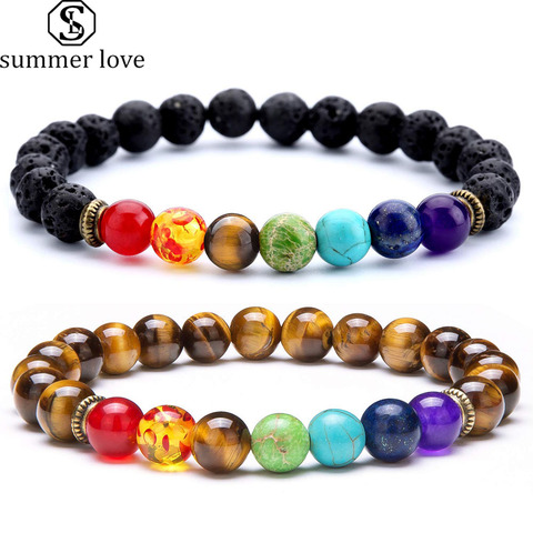 7 Chakra guérison Bracelet perlé pierre de lave naturelle oeil de tigre perles Bracelet 8MM pour femmes hommes mode bijoux de Yoga livraison directe ► Photo 1/6
