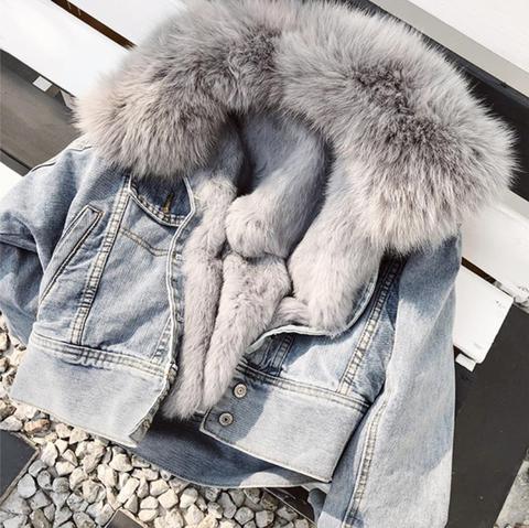 Parka en denim chaud et épais pour femmes, fourrure de renard avec perles, doublure en vraie fourrure de lapin avec perles, manteau chaud détachable, F504 ► Photo 1/6