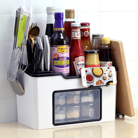 Nouvel organisateur de stockage d'épices de cuisine, porte-couteau multifonctionnel, organisateur de bouteilles de sel et de poivre, support de téléphone, organisateur de baguettes ► Photo 1/1