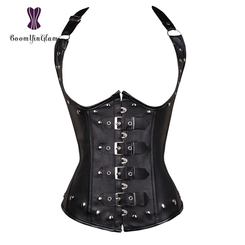 Corset en Faux cuir, en spirale pour femmes noires, tissu Punk, en acier, désossé, formateur de taille cintrée, sous le buste pour Costumes de fête, 828 # ► Photo 1/6