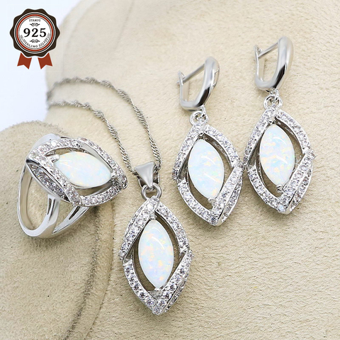 Ensemble de bijoux classiques en argent Sterling 925 pour femmes, boucles d'oreilles et pendentifs en opale blanche, à la mode ► Photo 1/6