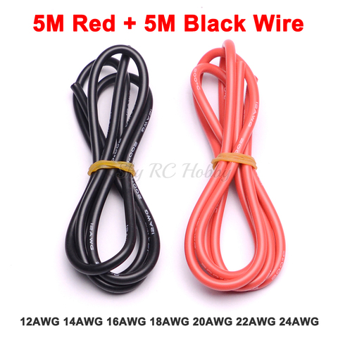 Fil électrique en Silicone noir, 5 mètres, rouge + 5 mètres, 12AWG, 14AWG, 16AWG, 18AWG, 20AWG, 22AWG, 24AWG, 12 14 16 18 AWG, Gel de silice ► Photo 1/5