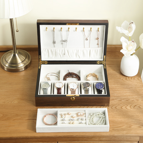 Casegrace luxe en bois boîte à bijoux organisateur femmes grand anneau collier boucles d'oreilles bijoux mallette de rangement cadeau cercueil ► Photo 1/6