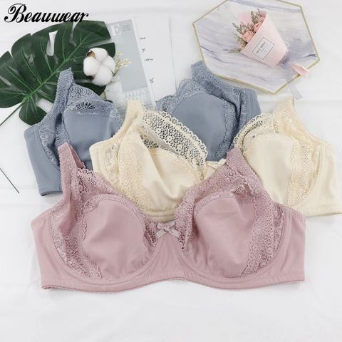 Beauwear grande taille 36D-46F femmes soutien-gorge Sexy sans doublure soutien-gorge Push Up tasse mince dentelle florale broderie Bh avec 3 crochet et oeil ► Photo 1/6