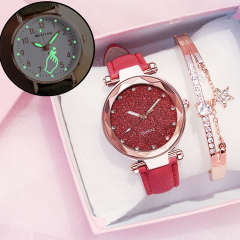 Montres à quartz pour femmes et filles, montre-bracelet en cuir avec cadran électronique, horloge avec batterie, ciel étoilé romantique et strass lumineux ► Photo 1/6