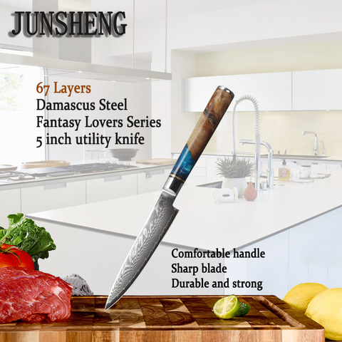 JUNSHENG couteau de cuisine multifonctionnel 5 pouces, couteau utilitaire 67 couches, lame en acier damas, couteau de chef en résine + manche en bois ► Photo 1/6