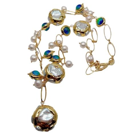 Collier en verre de Murano bleu perle Keshi blanc de culture d'eau douce y· YING 21