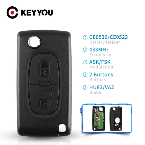 KEYYOU VA2/HU83 Lame 2 Boutons À Distance Clé De Voiture Fob DEMANDER FSK Pour Peugeot 307 3008 308 408 433MHz ID46 7941 CE0536 CE0523 Clé ► Photo 1/6