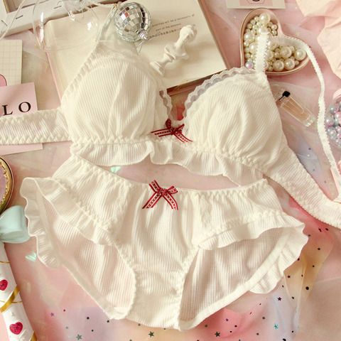 Ensemble de soutien-gorge et culotte en mousseline de soie japonais, à volants, sous-vêtements doux sans fil, ensemble de sous-vêtements pour femmes, Lolita Kawaii ► Photo 1/6