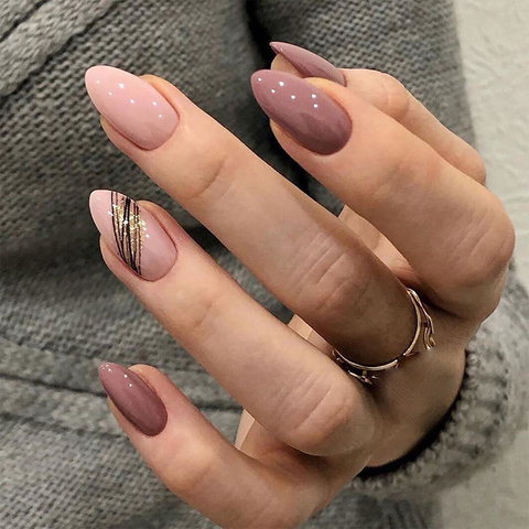 24 pièces fausse presse sur ongles couleur rose tête ovale mi-longueur usure produit fini portable couverture complète faux ongles conseils pour les filles ► Photo 1/6