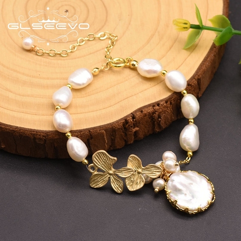 GLSEEVO – Bracelets en perles blanches 100% naturelles d'eau douce pour femmes et filles, bijoux en feuilles d'anniversaire, GB0184 ► Photo 1/5
