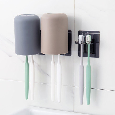 Accessoires de salle de bain porte-brosse à dents avec tasse, organiseur de salle de bain en couleur Simple, support autocollant mural pour brosses à suspendre ► Photo 1/6