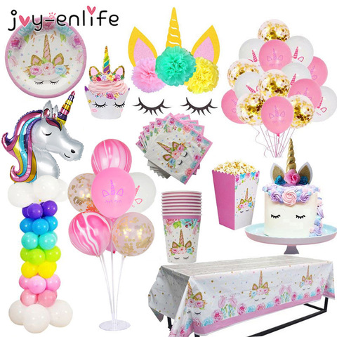 Décoration de gâteau en forme de licorne, fournitures de fête pour enfants, nappe, gobelets, serviettes, banderole, décorations de mariage, réception-cadeau pour bébé, 1er anniversaire ► Photo 1/6