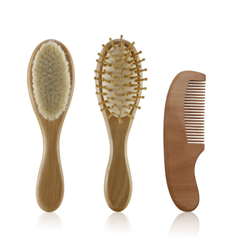 Nouveau-né bébé laine naturelle bébé brosse en bois peigne nouveau-né brosse à cheveux infantile tête masseur Portable bébé peigne cheveux bain brosse peigne ► Photo 1/6