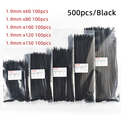 Jeu d'attaches de câble en Nylon autobloquantes, largeur 1.9x60/80/100/120/150mm, assortiment de fils enroulés en plastique noir à boucle zippée 2.5x250 4x300 500 pièces ► Photo 1/5