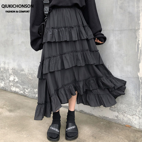 Qiukichonson Midi jupes longues femmes Maxi jupe Goth Lolita été taille haute asymétrique haut bas ruché volants jupes rok ► Photo 1/6