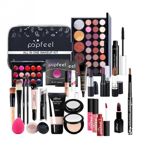 Ensemble de produits de maquillage avec sac cosmétique, fondations, fond de teint, charmant, professionnel, longue durée, mascara, mat, rouge à lèvres, cadeau, fard à paupières, palette, ► Photo 1/4