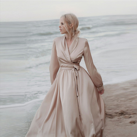 Robe de soirée longue en Satin pour femmes, décontractée, à manches lanternes, col en v, Sexy, élégante, à la mode, pour la plage, nouvelle collection printemps 2022 ► Photo 1/6