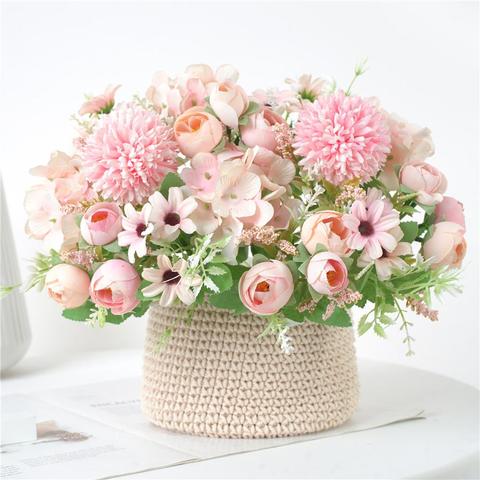 Thé de soie Roses pivoine rose pour Scrapbooking Vases de mariage pour accessoires de décoration de la maison fleurs artificielles pot de fleurs ornementales ► Photo 1/6