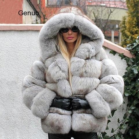 Manteau de fourrure de renard de luxe femmes veste d'hiver courte avec grande capuche de fourrure épais chaud pardessus 2022 ► Photo 1/6