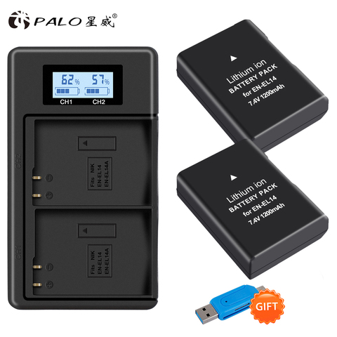 Batterie 1200mAh, 2x EN-EL14A EN-EL14, avec écran LCD et double chargeur USB, pour Nikon D3100, D3200, D3300, D3400, D3500, D5600, D5100, D5200, P7000 ► Photo 1/6