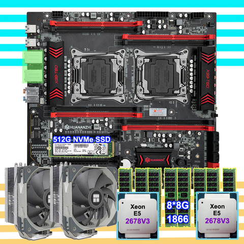 HUANANZHI – carte mère X99-T8D avec SSD NVMe 512 go, double processeur Xeon E5 2678 V3 avec refroidisseur de CPU, mémoire 64 go 8x8 go 1866 REG ECC ► Photo 1/6