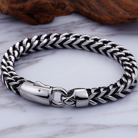 Bracelet tressé en cuir véritable pour hommes, 9 pouces, en acier inoxydable, bijoux pour garçons ► Photo 1/6