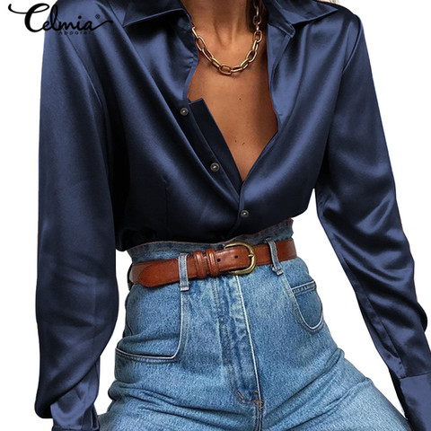 2022 mode Femmes Bureau Chemise Basique Celmia En Satin À Manches Longues Blouses Revers Boutons Chemises Elegan OL Tops Tuniques Solides Blusas 7 ► Photo 1/6