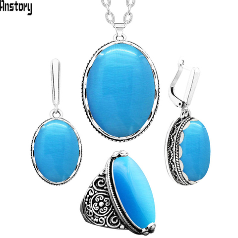 Anstory Naturel Bleu Opale Ensemble de Bijoux Collier Boucles D'oreilles Anneaux Fleur Antique Argent Plaqué Acier Inoxydable Chaîne TS337 ► Photo 1/6