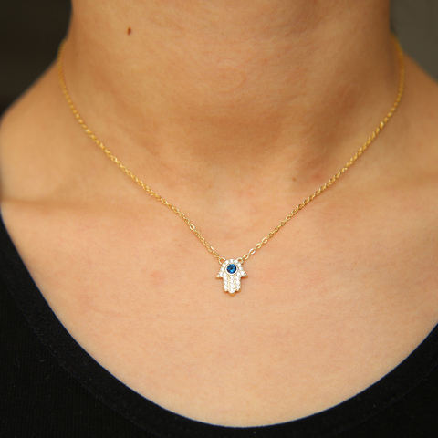 Collier avec chaîne or argent 2022 véritable avec breloque pour main du mal turc hamsa, breloque pour main du mal, diamant doré et bleu, cadeau de mariage pour femmes, nouveau modèle 925 ► Photo 1/3