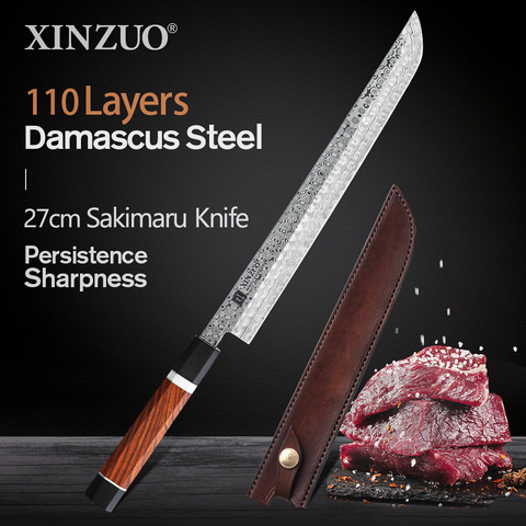 XINZUO couteau Sakimaru 270mm 110 couches, cuisine en acier, damas couteaux à poisson à fileter, manche octogonale en bois de rose et gaine en cuir ► Photo 1/1