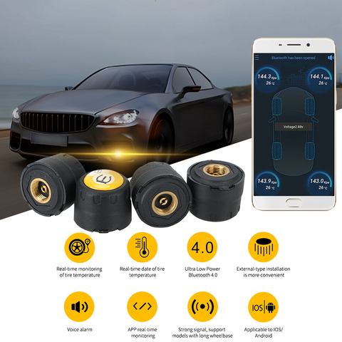 Bluetooth 4.0 5.0 capteur de pression des pneus de voiture universel Android iOS BLE TPMS alarme externe capteurs de pression des pneus ► Photo 1/1