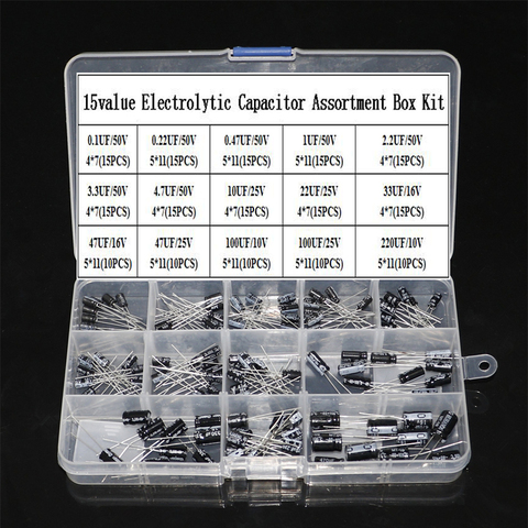 15 valeurs 0.1 uF-220 uF Mix Kit d'assortiment de condensateurs électrolytiques avec boîte de rangement condensateurs 16 V/25 V/50 V ► Photo 1/4