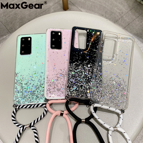 Étui transparent à paillettes avec lanière bandoulière pour Huawei P20 P30 P40 Pro Mate 20 30 Honor 10i 10 i 9 Lite 8X housse étoile à paillettes ► Photo 1/6