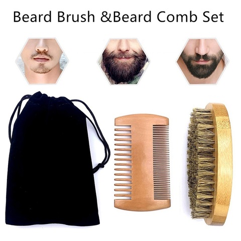 Barbe naturelle peigne ensemble Double barbe huile tête forme barbe peigne brosse soin barbe huile outil barbe peigne ensemble professionnel ► Photo 1/6