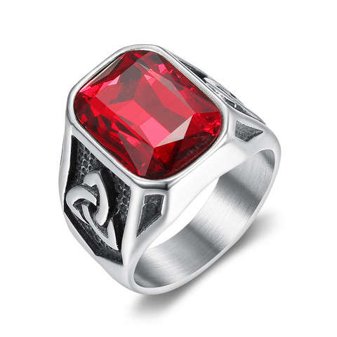 Viking rouge bague en pierre en acier inoxydable hommes Vintage couleur argent nordique Viking Totem Odin Biker anneaux bijoux ► Photo 1/4