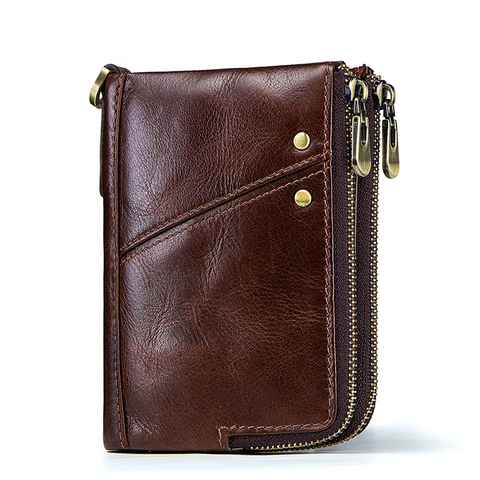 Portefeuille Rfid Vintage pour homme, petit porte-monnaie en cuir de vache, porte-monnaie masculin court à Double fermeture éclair ► Photo 1/6