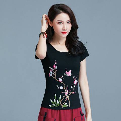 T-shirt pour femmes 100% coton, t-shirt de grande taille, Vintage, avec broderie florale, couleur unie, 5XL décontracté ► Photo 1/6