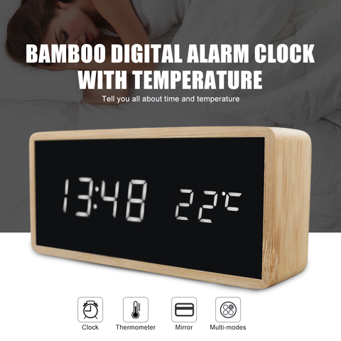 Horloge de réveil en bois de bambou originale, affichage LED avec miroir de température, montre numérique de Table de bureau ► Photo 1/6
