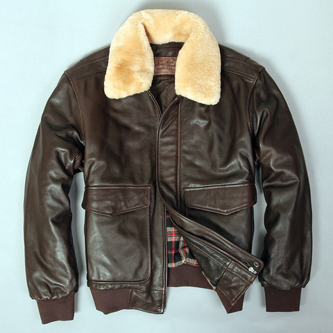 Avirex fly air force veste de vol col en fourrure veste en cuir véritable hommes hiver brun foncé manteau en peau de mouton pilote blouson aviateur ► Photo 1/6