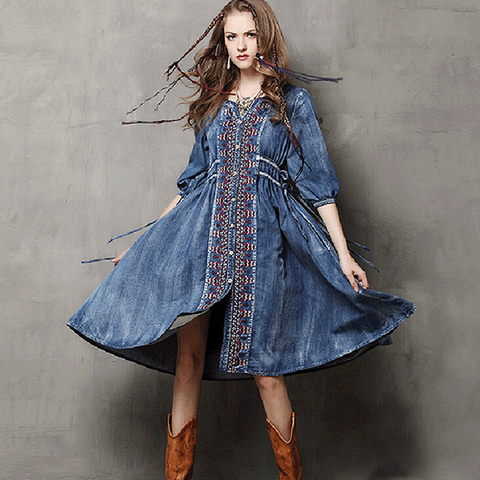 TEELYNN midi denim robes pour femmes robes bleu coton ethnique broderie boho robe cordon taille gitane robes vestidos ► Photo 1/6