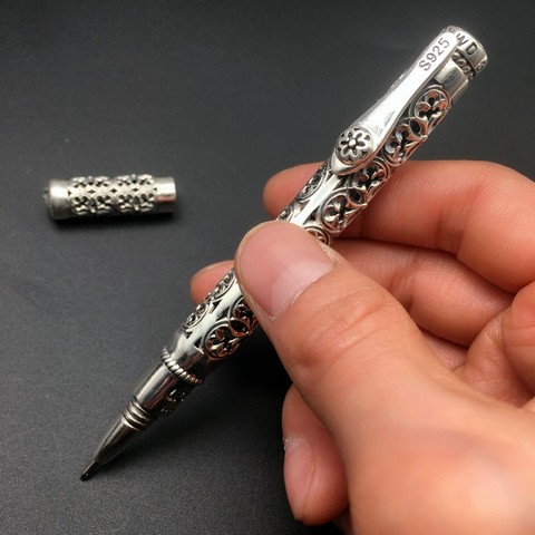 Stylo à bille en argent thaïlandais S925 sculpté dans le creux, vintage et élégant, stylo signature d'entreprise de haute qualité ► Photo 1/6